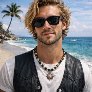 paparazzi Men's Turquoise & Orange Beaded Sunburst Necklace